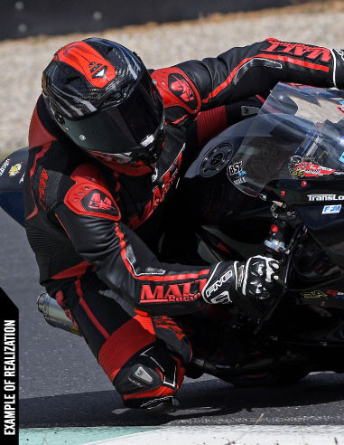 Motorcycle suit in cowhide or kangaroo leather, customizable, airbag and integrated airbag compatible. FFM FIM approved