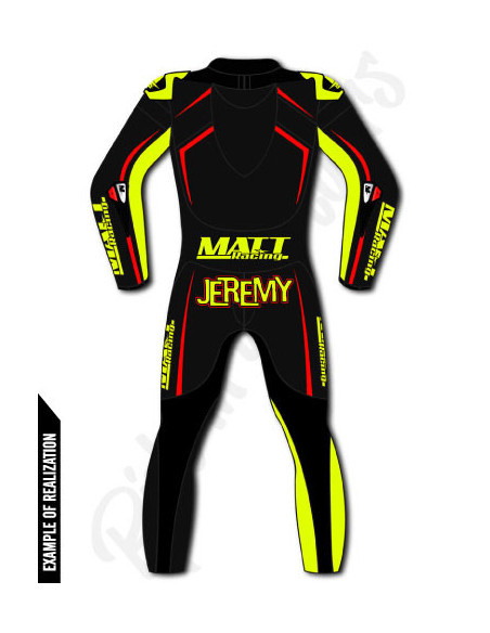 Motorcycle suit in cowhide or kangaroo leather, customizable, airbag and integrated airbag compatible. FFM FIM approved