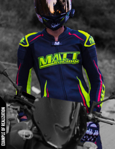 Motorcycle suit in cowhide or kangaroo leather, customizable, airbag and integrated airbag compatible. FFM FIM approved