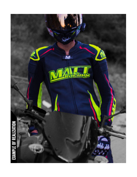 Motorcycle suit in cowhide or kangaroo leather, customizable, airbag and integrated airbag compatible. FFM FIM approved