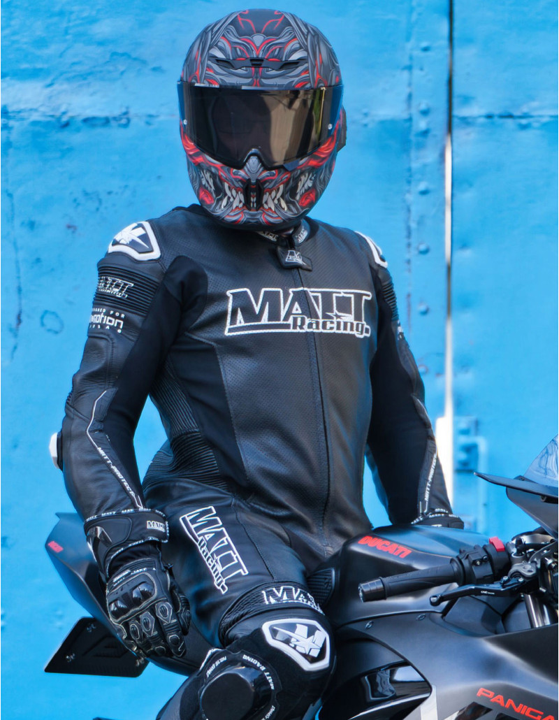 Leather motorcycle suit for road and track, standard size, quality, low price, cheap, airbag compatible