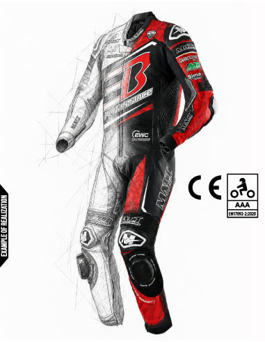 Motorcycle suit in cowhide or kangaroo leather, customizable, airbag and integrated airbag compatible. FFM FIM approved