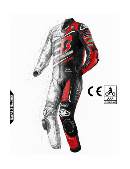 Motorcycle suit in cowhide or kangaroo leather, customizable, airbag and integrated airbag compatible. FFM FIM approved