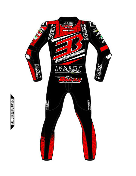Motorcycle suit in cowhide or kangaroo leather, customizable, airbag and integrated airbag compatible. FFM FIM approved