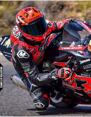 Motorcycle suit in cowhide or kangaroo leather, customizable, airbag and integrated airbag compatible. FFM FIM approved