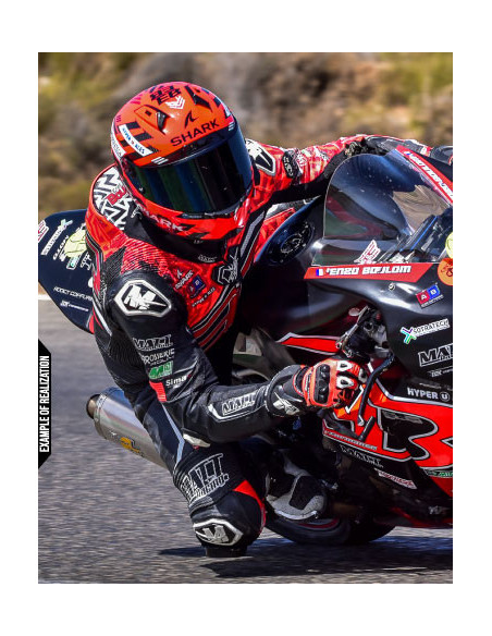 Motorcycle suit in cowhide or kangaroo leather, customizable, airbag and integrated airbag compatible. FFM FIM approved