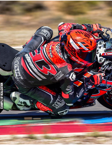 Motorcycle suit in cowhide or kangaroo leather, customizable, airbag and integrated airbag compatible. FFM FIM approved