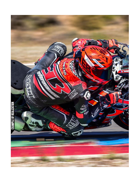 Motorcycle suit in cowhide or kangaroo leather, customizable, airbag and integrated airbag compatible. FFM FIM approved