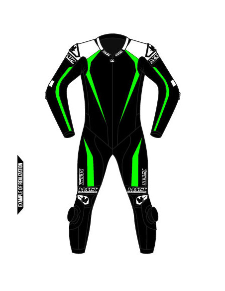 Motorcycle suit in cowhide or kangaroo leather, customizable, airbag and integrated airbag compatible. FFM FIM approved