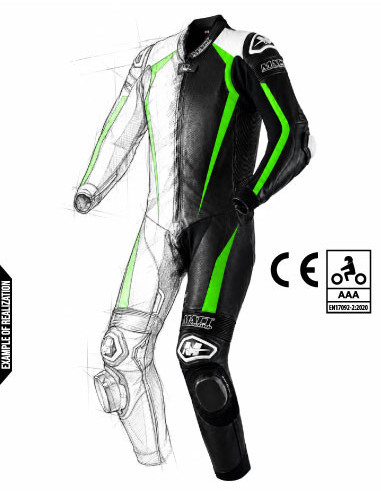 Motorcycle suit in cowhide or kangaroo leather, customizable, airbag and integrated airbag compatible. FFM FIM approved