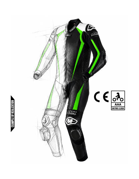 Motorcycle suit in cowhide or kangaroo leather, customizable, airbag and integrated airbag compatible. FFM FIM approved