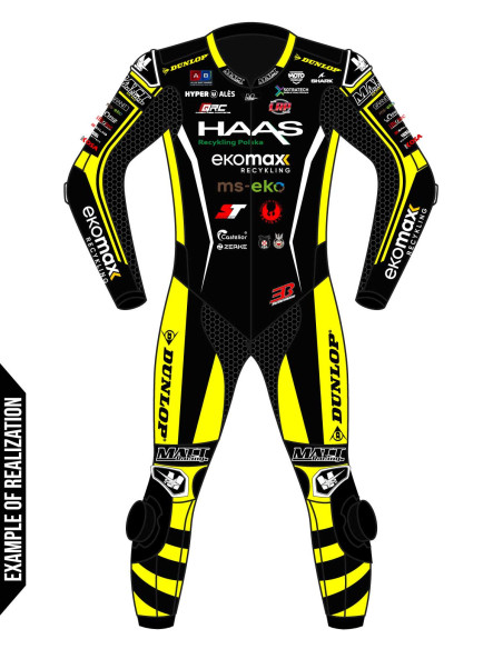 Motorcycle suit in cowhide or kangaroo leather, customizable, airbag and integrated airbag compatible. FFM FIM approved