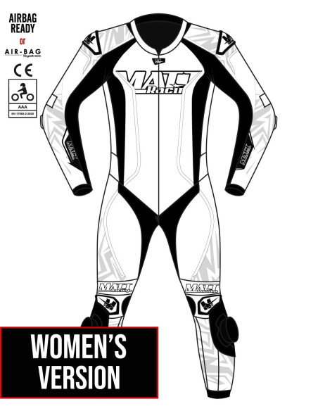 Custom-made, customizable women's leather motorcycle suit, airbag-compatible and featuring a built-in airbag. FIM FFM-approved