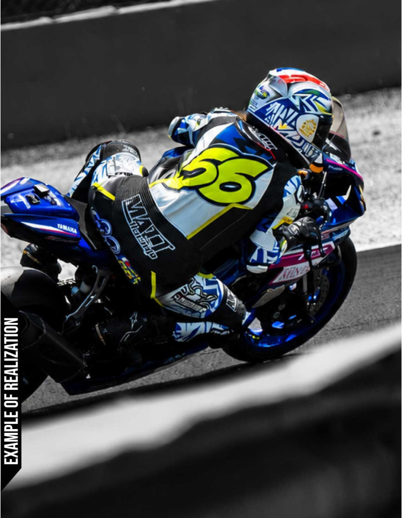 Custom-made, customizable women's leather motorcycle suit, airbag-compatible and featuring a built-in airbag. FIM FFM-approved