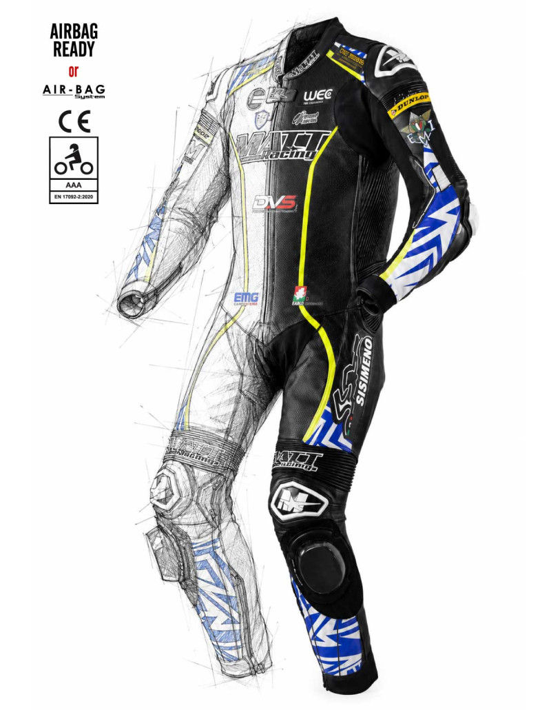 Customizable motorcycle suit made of cowhide or kangaroo leather, airbag-compatible. FIM certified