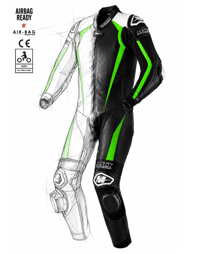 Customizable, made-to-measure leather motorcycle suit, airbag-ready for In&Motion and TechAir, with integrated Helite airbag