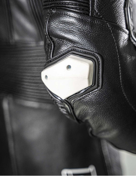Black leather motorcycle suit for road and track use, CE AAA certified, in&motion airbags ready, Alpinestars TechAir, Helite
