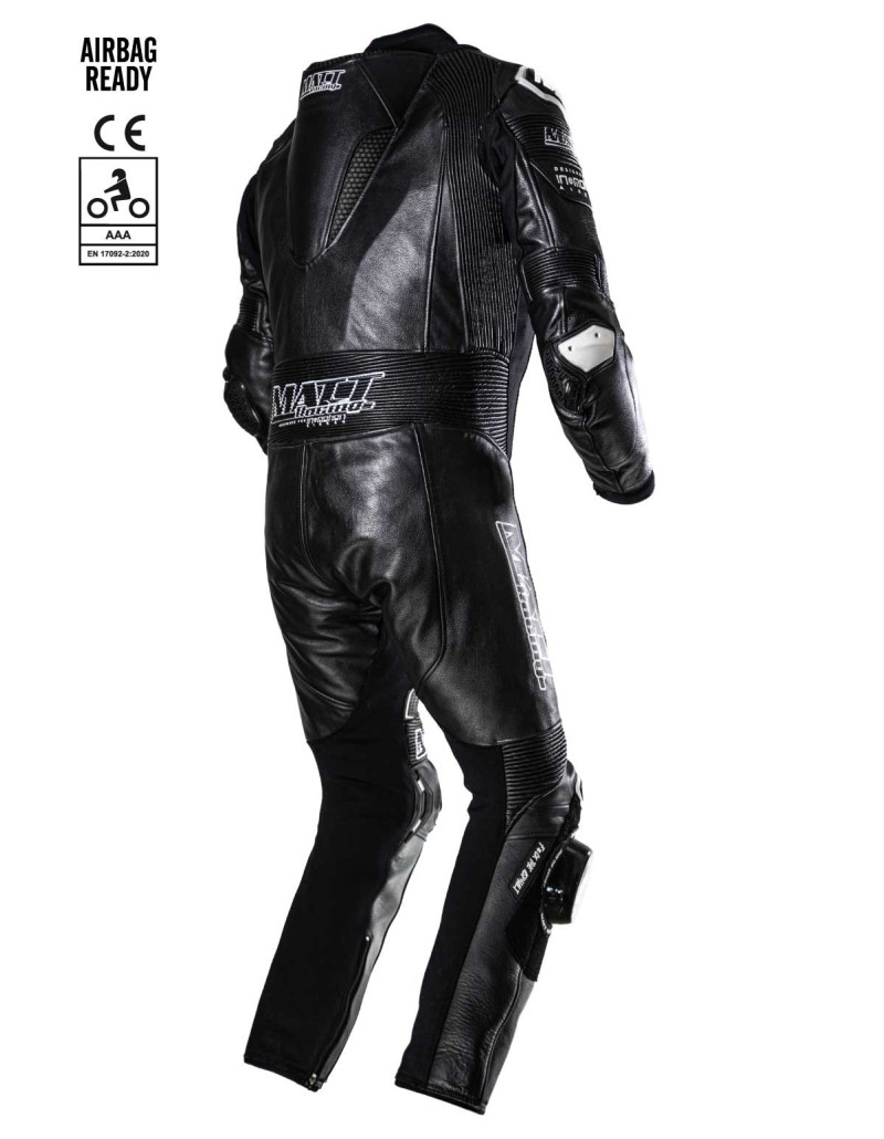 Black leather motorcycle suit for road and track use, CE AAA certified, in&motion airbags ready, Alpinestars TechAir, Helite