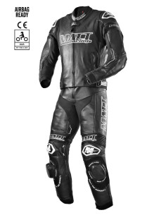 Black 2-piece leather motorcycle suit for road and track use, CE AAA certified, compatible with in&motion airbags, TechAir