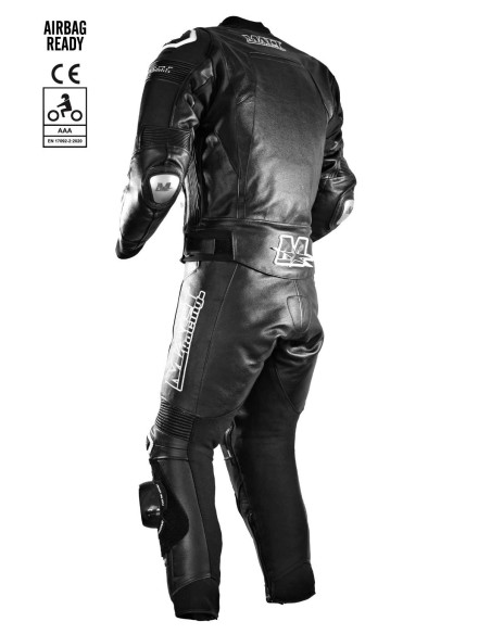 Black 2-piece leather motorcycle suit for road and track use, CE AAA certified, compatible with in&motion airbags, TechAir