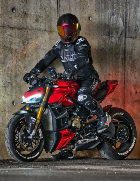 Combinaison de moto en cuir noire en 2 pièces, pour route et piste, certifiée CE AAA, compatible airbags in&motion et TechAir