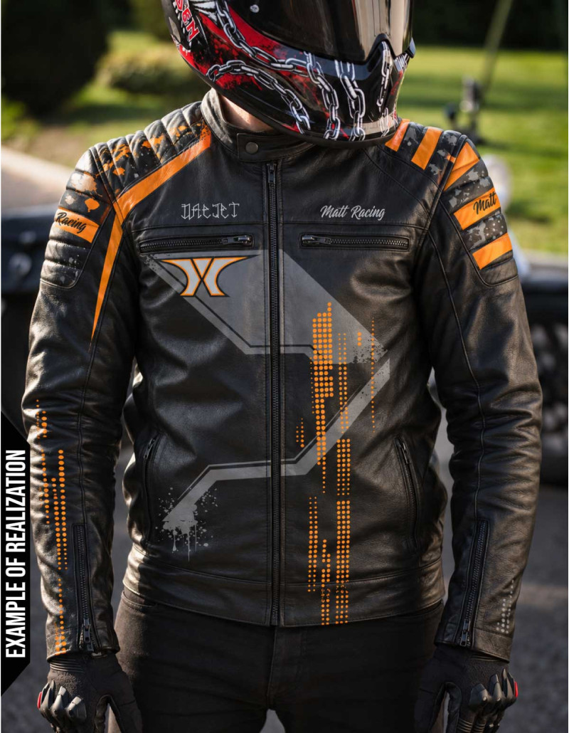 blouson moto en cuir vintage personnalisable porté par un homme avec un casque ruroc