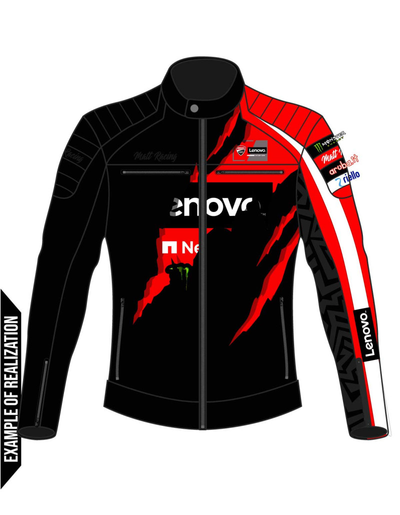 blouson moto vintage personnalisé ducati marc marquez avec un effet de dechirure