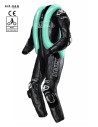 Black leather motorcycle suit with built-in Helite airbag (no subscription required), CE AAA EN 17092-2:2020 certified